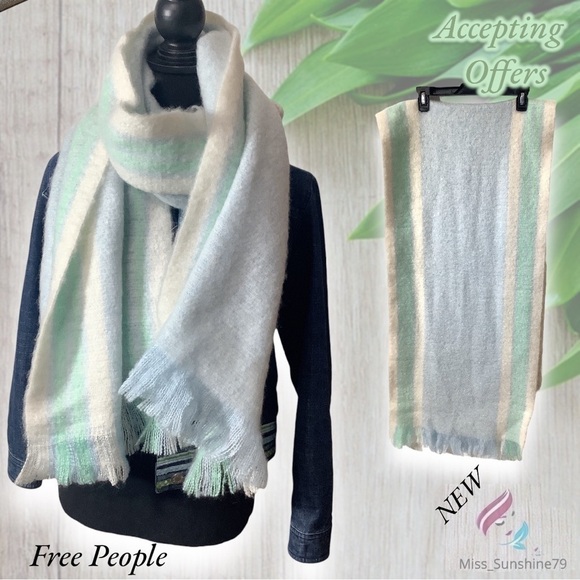 Free People NEW - blanket scarf - sky combo - super soft - fringe - ACCFP9742086